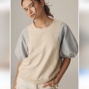 NWT Anthropologie Pilcro Cream and Blue Puff Sleeve Top Size Large